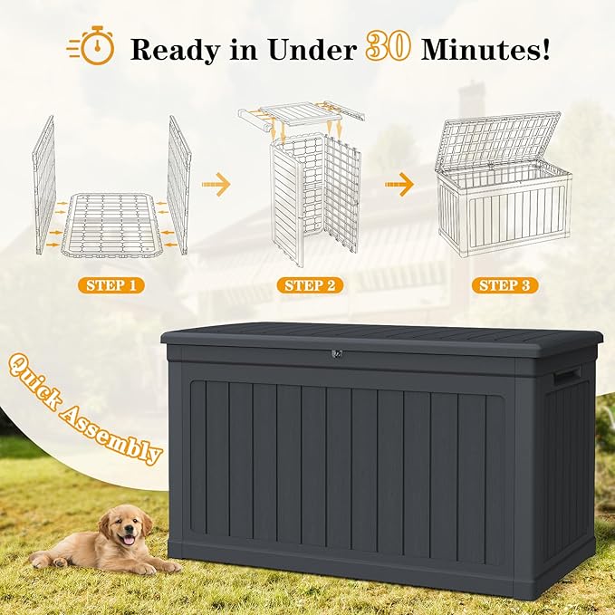 230 Gallon Lockable Resin Deck Box, Waterproof & UV-Resistant Outdoor Storage Box for Outdoor Cushion Storage, Garden Tools & Pool Accessories Storage, Black