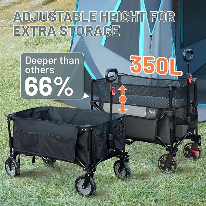Timber Ridge 350L Extra Large Collapsible Folding Wagon Carts with Brake, Heavy Duty Outdoor Camping Utility Wagons with Extended Height, Adjustable Handle, Cup Holders, Side Bag (Gray)