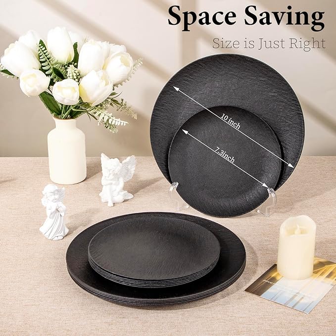 WONDERFUL 32pcs Black Plates Black Plastic Plates Unbreakable and Reusable Plastic Plate Dishwasher safe Dishes Set Includes:16 Dinner 10" and 16 Dessert Plate 7.3" Suitable for BBQ & Camping
