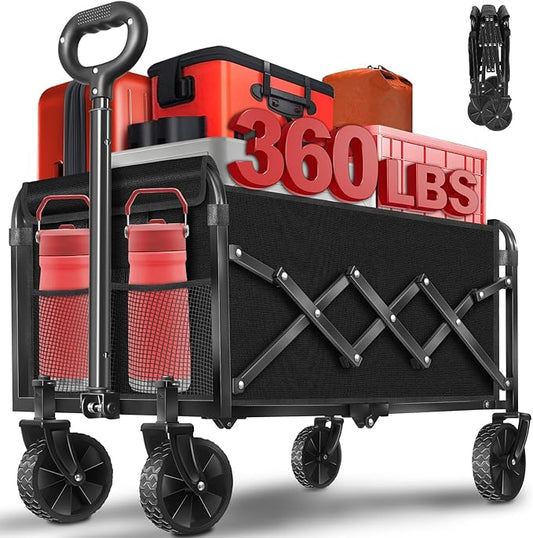 Wagons Carts Foldable, 360 Lbs with Adjustable Handle, Black Lightweight Portable, Collapsible Wagon for Beach Trip, Camping, Shopping, Sports, Travel, Picnic and Grocery with 2 Drink Holders