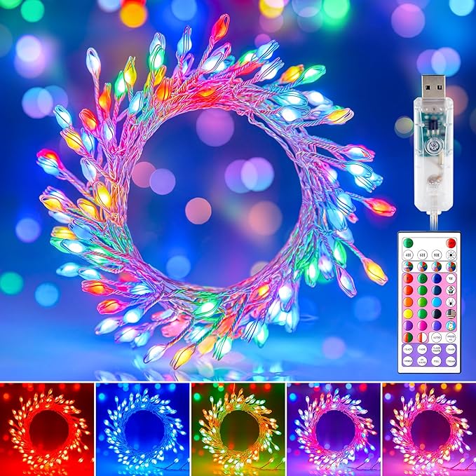 Moonflor Fairy Lights Color Changing - 22 Colors 20FT 200 LED Firecracker Fairy Lights with Remote, Cluster String Lights with 12 Lighting Modes, Halloween Fairy Lights for Bedroom Indoor Christmas