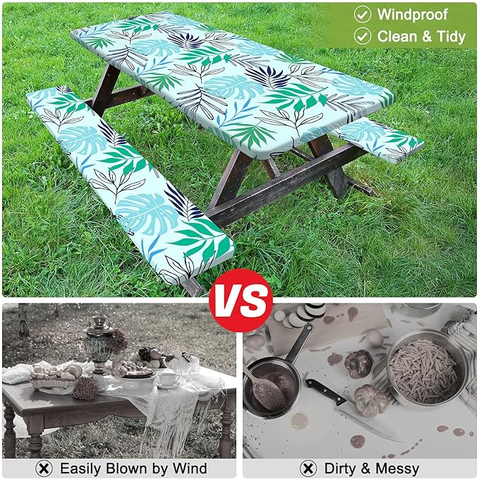 Picnic Table Cover with Bench Covers Camping Tablecloth with Storage Bag Windproof Waterproof Picnic Table Covers with Elastic for Camping