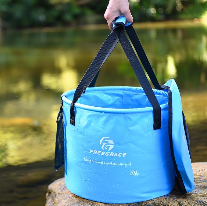 Premium Collapsible Bucket by Freegrace - Compact Portable Folding Water Container - Lightweight & Durable - Includes Handy Tool Mesh Pocket