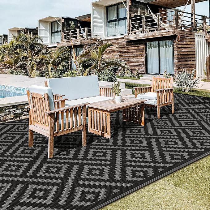 GENIMO Outdoor Rug for Patio Clearance, 8'x16' Waterproof Camping Mat, Reversible Plastic Straw Rugs for RV, Camper, Balcony, Backyard, Picnic, Deck, Black & Gray