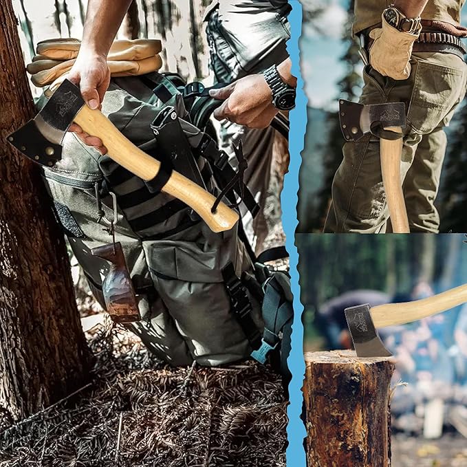 Prandi Axes Yankee C45 Forged Carbon Steel Hatchet - Hickory Handle with Leather String - Ideal for Camping, Travel and Bushcraft - S/N 3.043.06.TH - 15" L x 5.3" 1W, 600g Polished Head, No Sheath