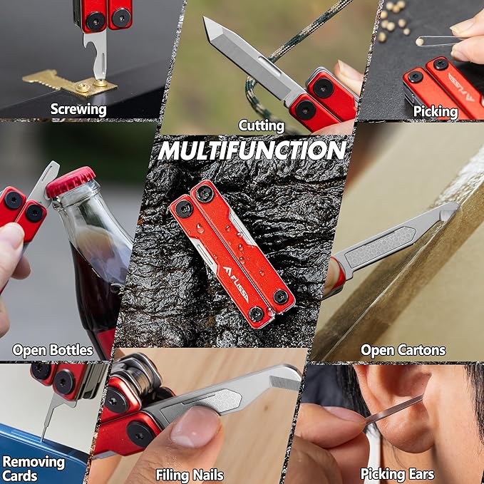 FLISSA Multitool Scissors, 11-in-1 Multi Tool Pocket Knife, Stainless Steel Mini Multitool with Bottle Opener, Screwdriver, Aluminum Handles, Spring - EDC for Outdoor, Camping, Hiking, Fishing, Red