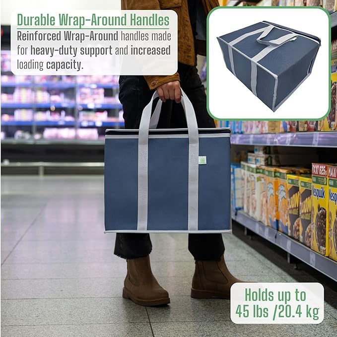 VENO 3 Pack Cooler Bag Insulated Reusable Grocery Shopping Bag, Food Delivery, Heavy Duty, Large Size, Durable Handles, Double Zippers, Lid, Collapsible (Dark Blue, 3 Pack)