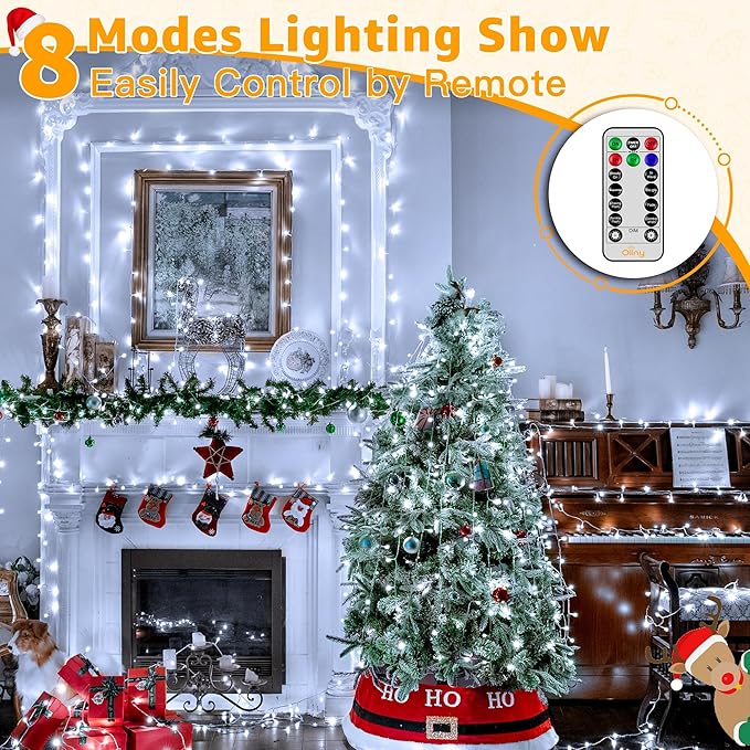 Ollny Christmas Lights Outdoor 800LED 262FT, Cool White Plug in Fairy Lights with Remote, 8 Modes Waterproof Timers Dimmable LED String Lights for Indoor House Outside Bedroom Patio Balcony