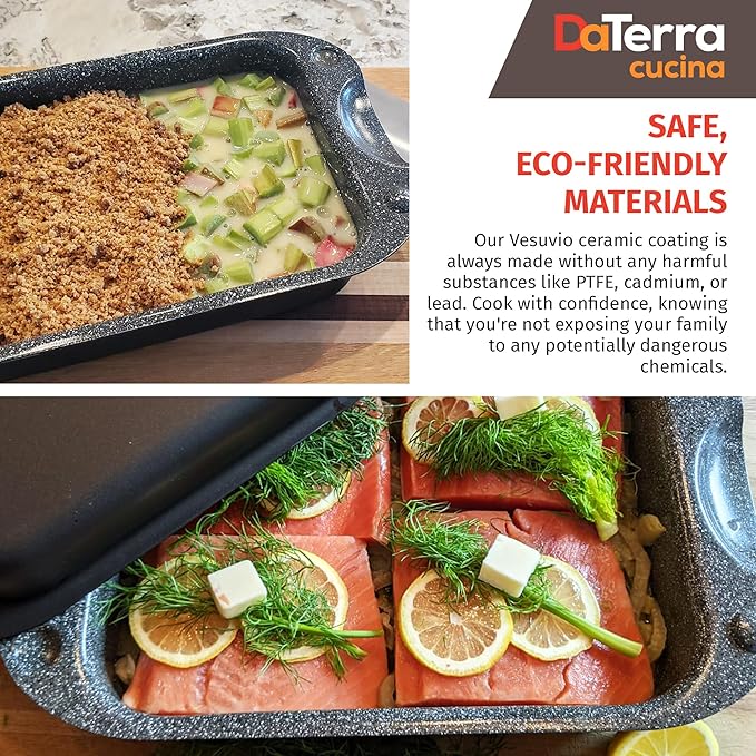 DaTerra Cucina - 13 x 8 x 4.25 Nonstick Ceramic Coated Dual Roasting Pan Set – 2 Identical Pans, Oven Safe, Ideal for Roasting, Baking, Searing, Braising, Casseroles, Fits Most Toaster Ovens