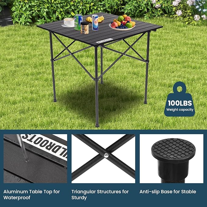 WILDROOTS Folding Camping Black Table with Carry Bag, Roll Up 4-6 People Portable Camp Square Tables for Picnic, Cooking, Beach, Travel, BBQ (L