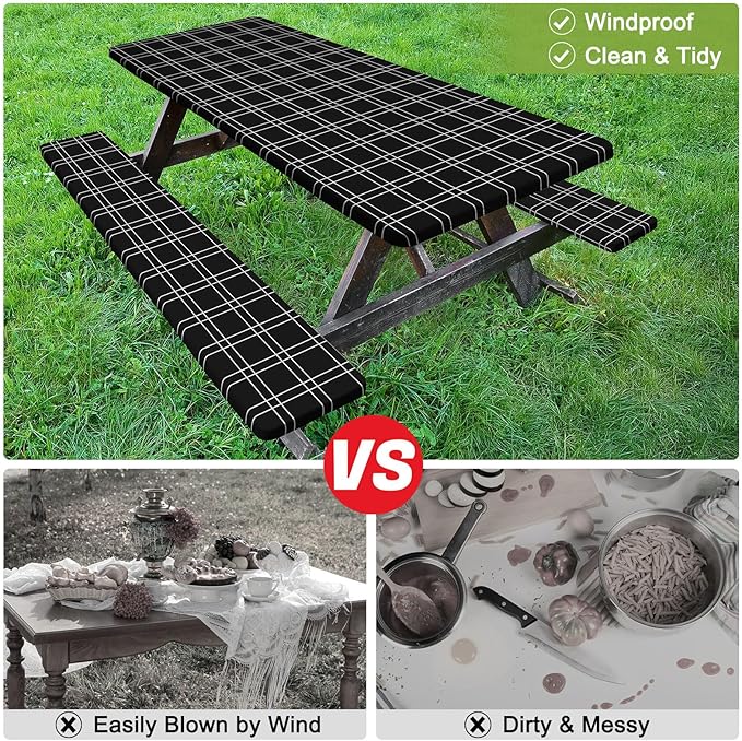 Picnic Table Cover with Bench Covers Camping Tablecloth with Storage Bag Windproof Waterproof Picnic Table Covers with Elastic for Camping