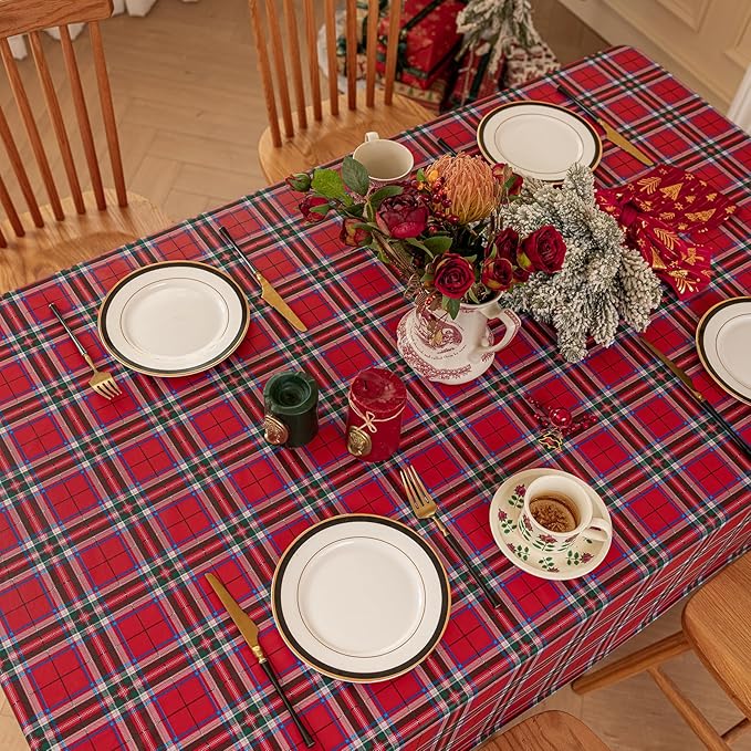 Romanstile Christmas Square Vinyl Tablecloth, 100% Waterproof Oil-Proof Checkered PVC Table Cloth, Heavy Duty Xmas Plastic Table Cover for Dining, Party, Holiday Decor - 54 x 54 Inch, Red