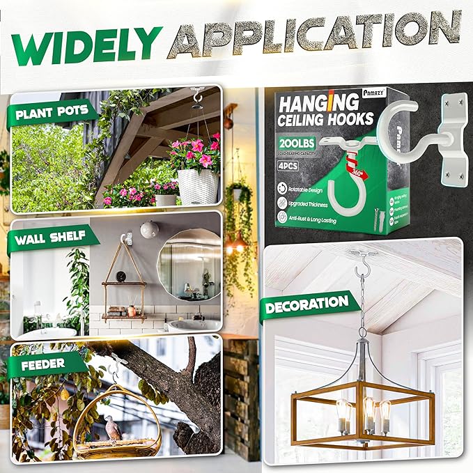 [Upgraded] 200LBS 4Pcs Rotatable Ceiling Hooks with 4 Screw Points Plate Base, White Wall Mount Metal Hanger for Hanging Plants, Bird Feeders, Lanterns, Lights, Wind Chimes, Indoor Outdoor Decor