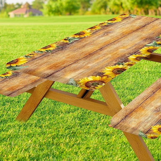 Picnic Table Cover with Bench Covers, Sunflower Wood Grain Pattern Elastic Edges, Waterproof Windproof Fitted Tablecloth, for Outdoor Camping Patio Garden, Includes Drawstring Bag, 96 in
