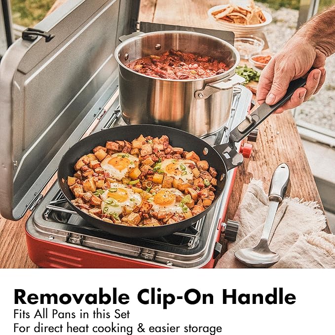 OXO Outdoor 8 Piece Camping Cookware Set, 10" Pre-Seasoned Carbon Steel Frying Pan Skillet, 2.25QT and 5QT Stainless Steel Saucepans with Lids, Removeable Handle, Trivet, Travel Bag, Space-Saving