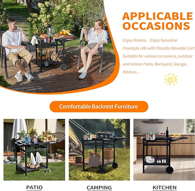 Outdoor Grill Table Cart 35" x 22" Movable Pizza Oven Stand Foldable Double-Shelf Grill Cart Food Prep Trolley Dining Cart Fit for Ooni Ninja Woodfire Blackstone Pizza Oven