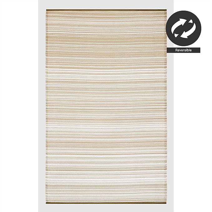 FH Home Outdoor Camping Rug - Waterproof, Fade Resistant, Reversible - Premium Recycled Plastic - Striped - Large Patio, Deck, Sunroom, RV - Havana - Beige - 9 x 18 ft Foldable