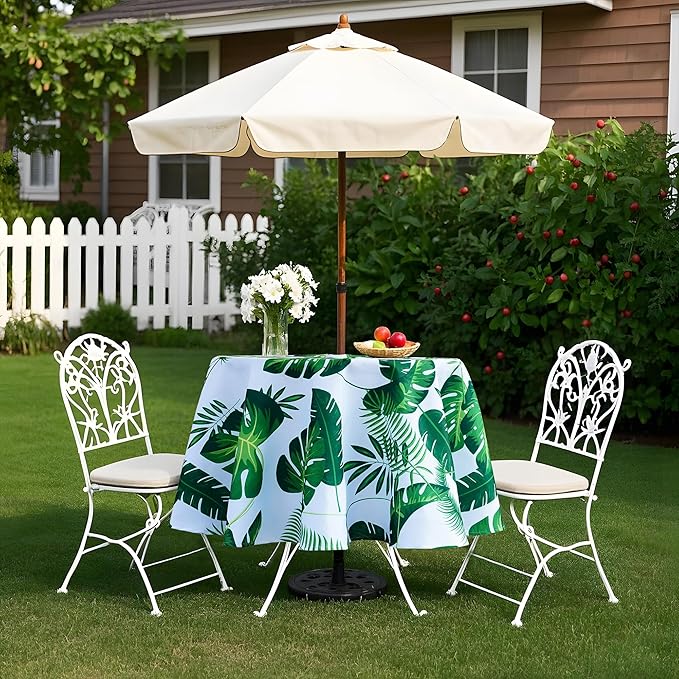 SquarePie 52'' Round Outdoor Tablecloth with Zipper and Umbrella Hole, Waterproof Spillproof Zippered Table Cloth Cover for Picnic Patio Family Gatherings, Palm Leaf