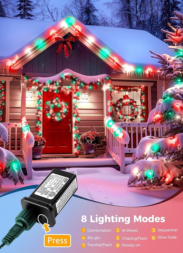 2 Pack C9 LED Christmas String Lights - Each 82ft 100 LED Outdoor String Lights with Timer and 8 Lighting Modes, Plug in Extendable Roofline Lights String for Outside Yard Christmas Holiday Decoration