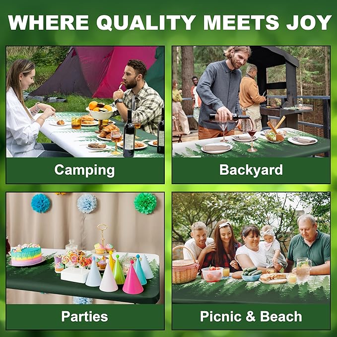 72 X 30 Inch Elastic Fitted Camping Table Cover with Bench Covers & Storage Bag, Picnic Tablecloth, Fits 6ft Picnic Tables,Washable & Reusable, Spill Resistant, Waterproof - Green Pines
