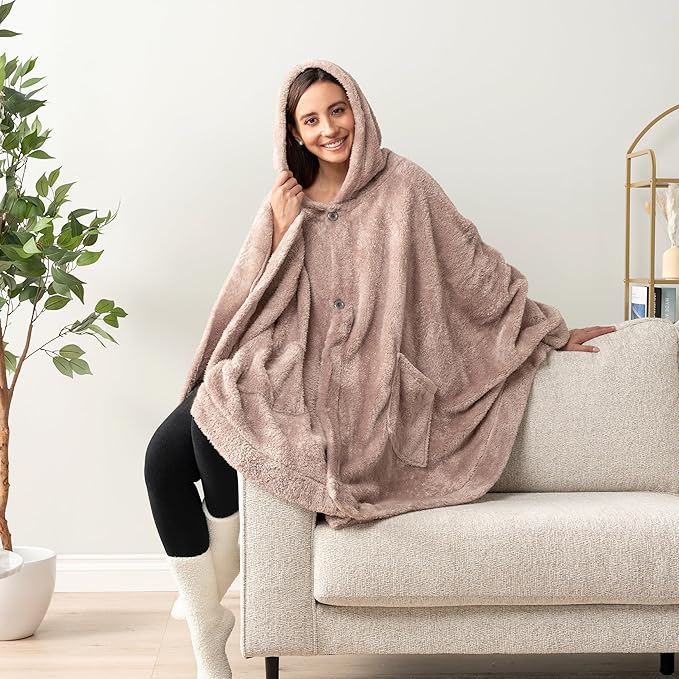 PAVILIA Angel Wrap Hooded Blanket Poncho, Wearable Blanket Throw Wrap Poncho for Women Adult, Cozy Fluffy Sherpa Fleece Shawl Cape with Hood pockets, Warm Gift for Mom Wife, Beige Taupe