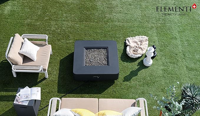 Elementi+ | Bundle Bergamo Gas Fire Pit Cast Concrete 42" Square Fire Table, Outdoor Fire Pit Electronic Ignition | Canvas Cover, Fire Glass and Burner Lid Included | Dark Gray | Natural Gas