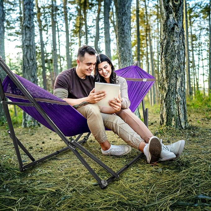 Tranquillo Universal Double Hammock with Stand Included for 2 Persons/Foldable Hammock Stand 600 lbs Capacity Portable Case - Inhouse, Outdoor, Camping, Purple