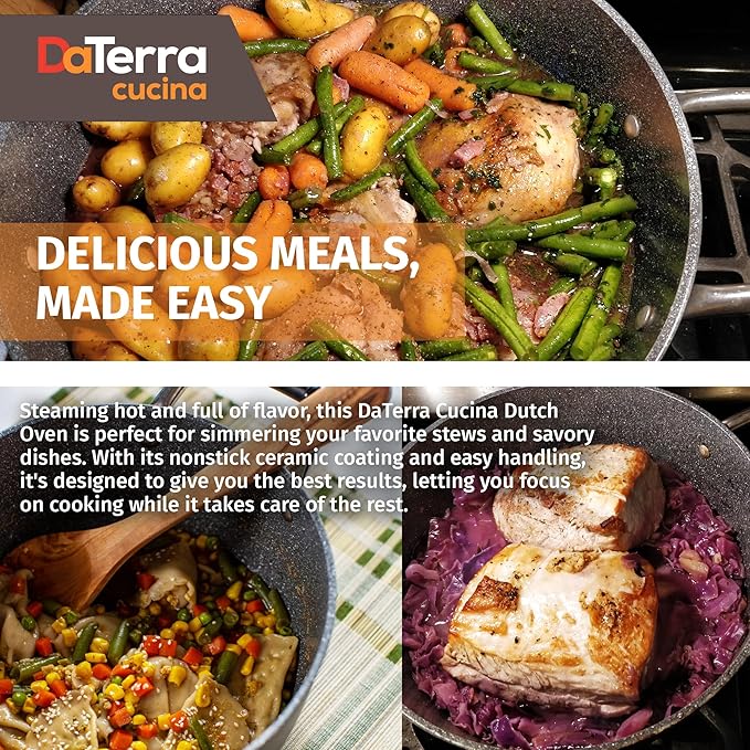 DaTerra Cucina - 8 Qt Nonstick Ceramic Dutch Oven with Lid – Large Stock Pot, Oven & Induction Safe, Heavy Duty, Lightweight, Lead & PFOA Free, Volcanic Black | Made in Italy