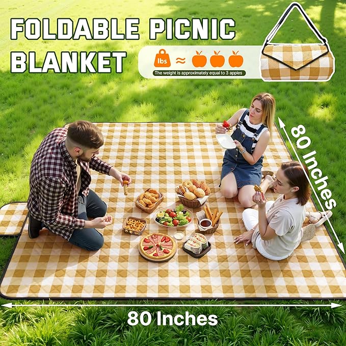 TigeJoy Extra Large Picnic Blanket Waterproof Foldable 80''x118'', Outdoor Picnic Mat Beach Blanket Sandproof for Park, Grass, Travel, Hiking, Camping Essentials, Gingham Picnic Blanket