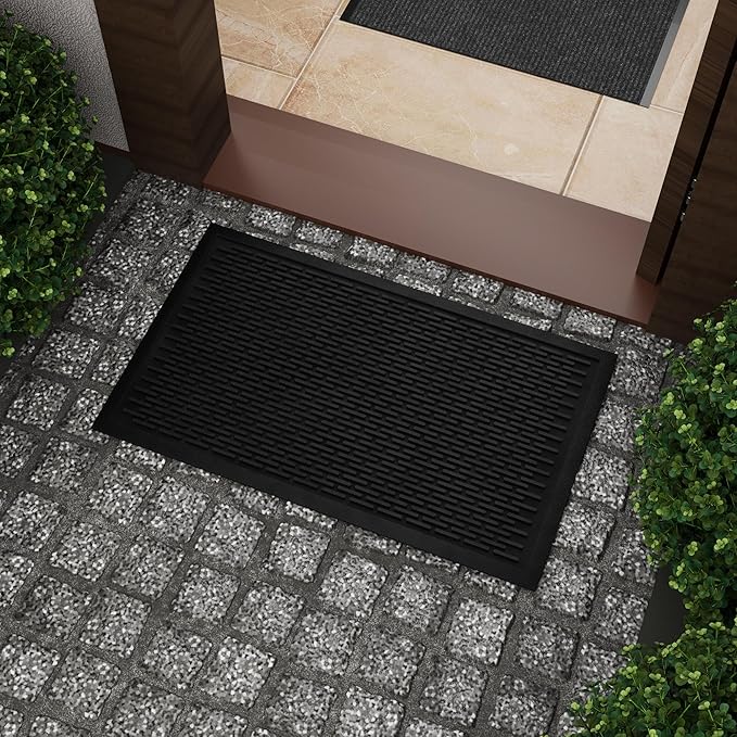 Ottomanson Easy Clean, Waterproof Non-Slip Indoor/Outdoor Rubber Doormat, 18" x 30", Black