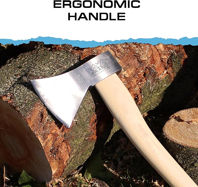 Prandi Axes German Style C45 Forged Carbon Steel Hatchet - Hickory Handle with Leather String - Lightweight Axe for Camping, Chopping, and Cutting - S/N 3.003.06.CH - 14.17" L x 5.90" W, No Sheath