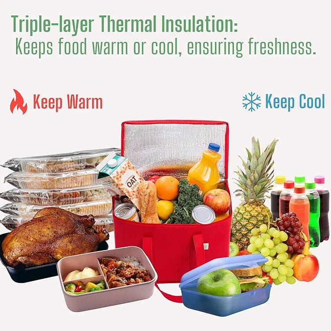 VENO 2 Pack Cooler Bag and Insulated Grocery Bags for Food Delivery, Collapsible Cooler, Reusable Shopping Bags for Groceries with Zipper, Foldable, Heavy-Duty, Stands Upright (Red, 2 Pack)