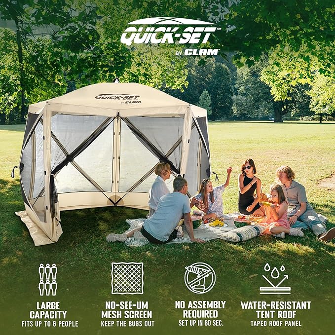 CLAM Pop Up Screen Tent, Outdoor Camping Gazebo Canopy, Venture, 9' x 9', Tan