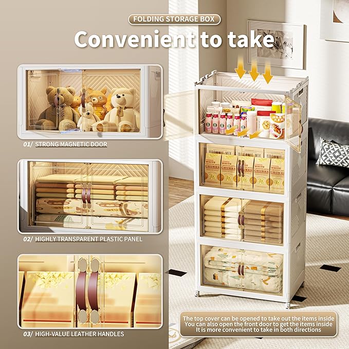 532 QT / 133 Gal Collapsible Storage Bins with Wheels & Magnetic Doors - Stackable Plastic Cabinet Organizer for Home, Garage, Closet (White Space-Saving Containers)