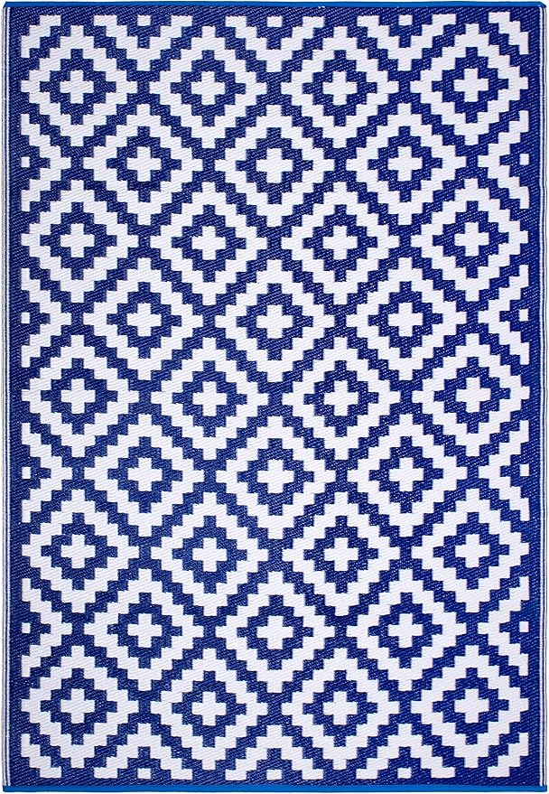 FH Home Outdoor Rug - Waterproof, Fade Resistant, Reversible - Premium Recycled Plastic - Geometric - Large Patio, Deck, Sunroom, Camping, RV - Aztec - Blue & White Crease Free - 6 x 9 ft
