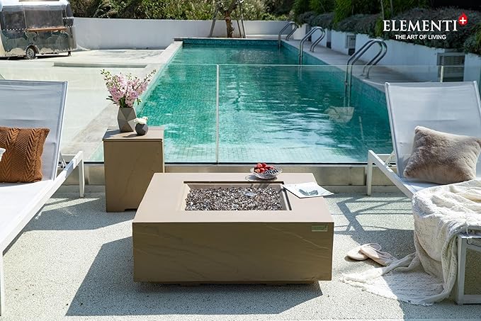 Elementi+ | Bundle Uluru Gas Fire Pit Cast Concrete 40" Square Fire Table, Outdoor Fire Pit Electronic Ignition | Canvas Cover, Fire Glass and Burner Lid Included | Sunlight Yellow | Natural Gas