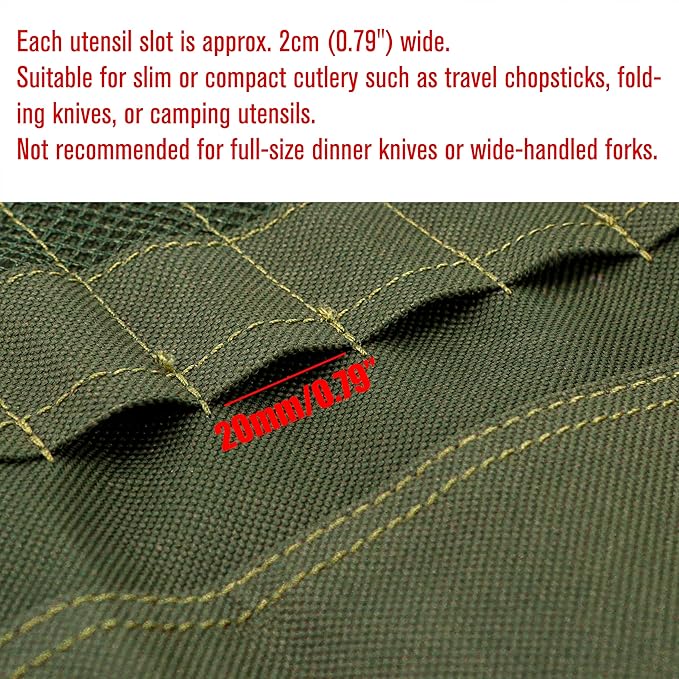 Camping Utensil Roll Bag, Waterproof Chef Knife Cutlery Up Pouch Bag with 13 Slots For Fork, Spoon, Chopstick, Portable Professional Case Hold Storage Kitchen Cooking Set Travel Organizer, Army Green