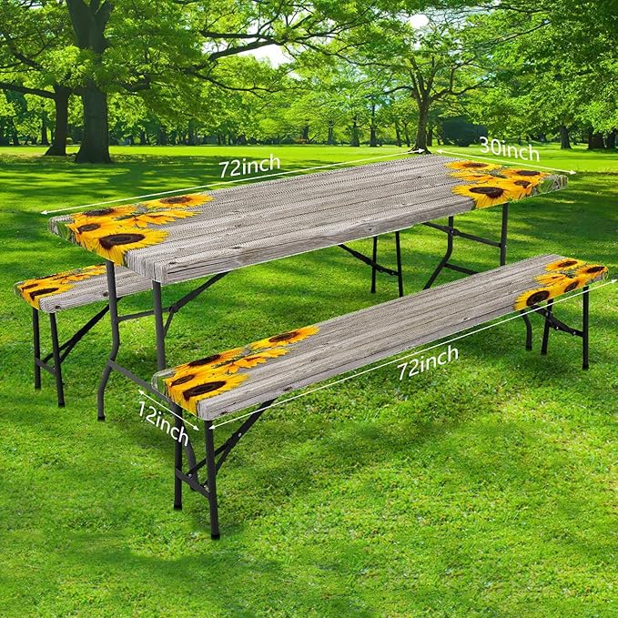 DYNH 3 Pcs Sunflower Wooden Picnic Table Cover with Bench Covers,Rustic Sunflower Waterproof Fitted Picnic Table Cloths Retro Wood Texture Elastic Outdoor Picnic Tablecloth for Camping Patio Travel