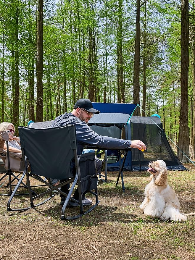 TIMBER RIDGE Folding Rocking Camping Chair, 400lbs Capacity Portable Oversized Outdoor Rocker with Hard Armrests, Cup Holder & Side Pocket, Quick-Fold Design for Outdoor, Patio, Lawn, Gray