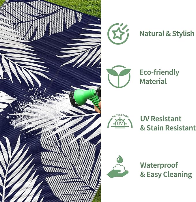 GENIMO Outdoor Rug 10' x 14' Waterproof for Patios Clearance, Reversible Outdoor Plastic Straw Camping Rug Carpet, Large Area Rugs Mats for RV, Camper, Deck, Balcony, Porch, Beach, Navy Blue&White
