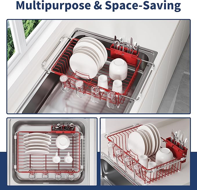 Dish Drying Rack in Sink, Red Dish Dryer Racks Over Sink, Dishes Drainers for Kitchen Sink, Stainless Steel Plates Drying Rack with Utensil Holder & Cups Holder