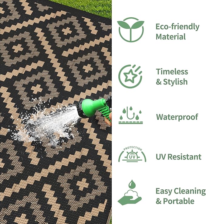 GENIMO Outdoor Rug for Patio Clearance, 6'x9' Waterproof Camping Mat, Reversible Plastic Straw Rugs for RV, Camper, Balcony, Backyard, Picnic, Deck (Mix Black Brown)