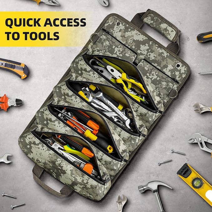 Tool Bag Roll Up, UUP Heavy Duty Rolled Empty Tool Storage Organizing, Portable Tool Roll Container with 2 Detachable Pockets, Folding Tool Holder, Father Day Dad Men Electrician Gift, Camouflage