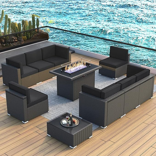 LayinSun 10 Piece Patio Furniture Set with 44" Propane Gas Fire Pit Table, Outdoor Sectional Conversation Set Wicker Rattan Sofa Set with Coffee Table