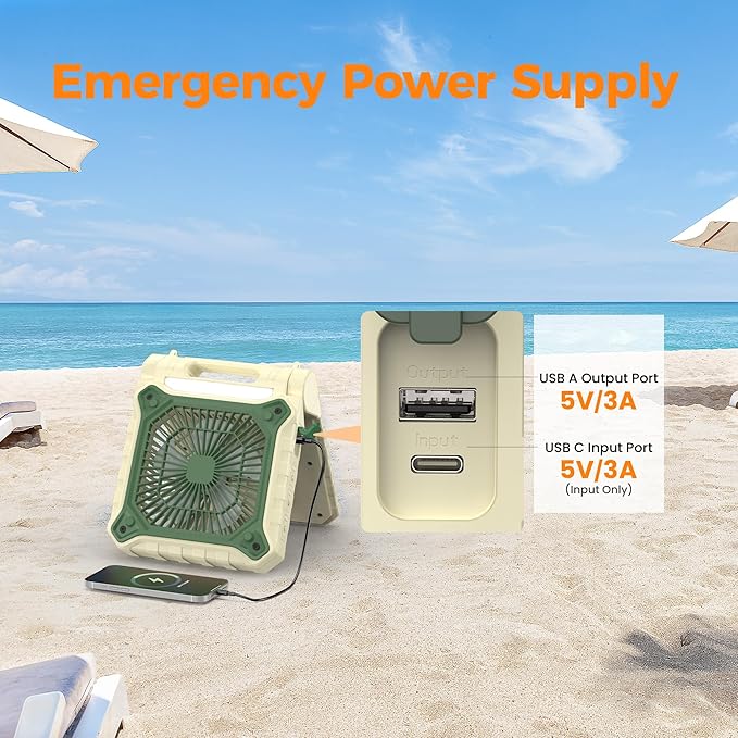 KITWLEMEN 10.2 Inch Solar Camping Fan with Light- Rechargeable Battery Operated Fan, 38H Run Time, 3 Speed, 6H Timer, SOS Signal, Portable Desk Fan for Camping Fishing RV Trips Hurricane Power Outage