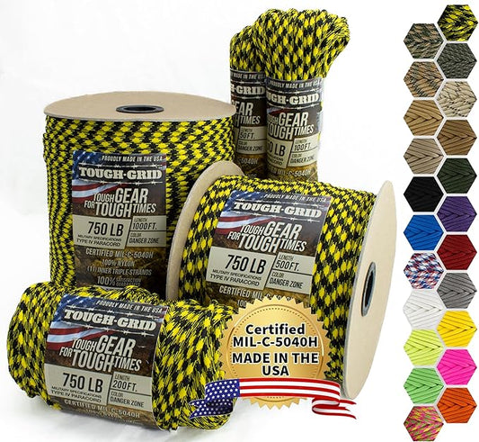 TOUGH-GRID Paracord Rope 750 lbs Nylon Parachute Cord, Made in USA Survival Kit, Outdoor Adventures, Camping, Tactical Gear & Emergency Supplies, Military Type IV Mil-Spec