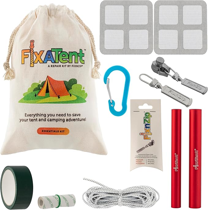 FixnZip FixATent: A Repair Kit Kit Includes Tent Pole splints, Shock Cord, Replacement Zipper Slider, Screen Patches, Fabric Repair Tape, Duct Tape, and Carabiner.