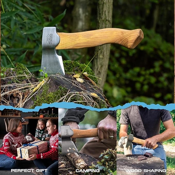 Prandi Axes Segurin C45 Forged Carbon Steel Hatchet - Hickory Handle with Leather String - Ideal for Camping, Travel and Bushcraft - S/N 3.059.04.CH - 11" L x 5.3" W, 400g Polished Head, No Sheath