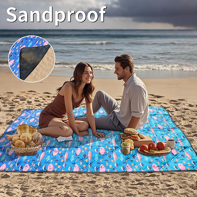 Outdoor Picnic Blanket Blue Ocean 60"x80" Sandproof Beach Blanket Waterproof Picnic Blankets Foldable for Caming, Beach, Outdoor Activities.