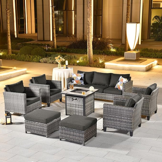 ovios 8 Pieces Patio Furniture Set with 30" Fire Pit Table, Outdoor Wicker Sofa with Comfy Cushions, All Weather High Back Rattan Couch Conversation Set, Black